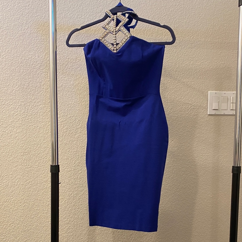Rhinestone Neck Royal Blue Hourglass Halter Dress